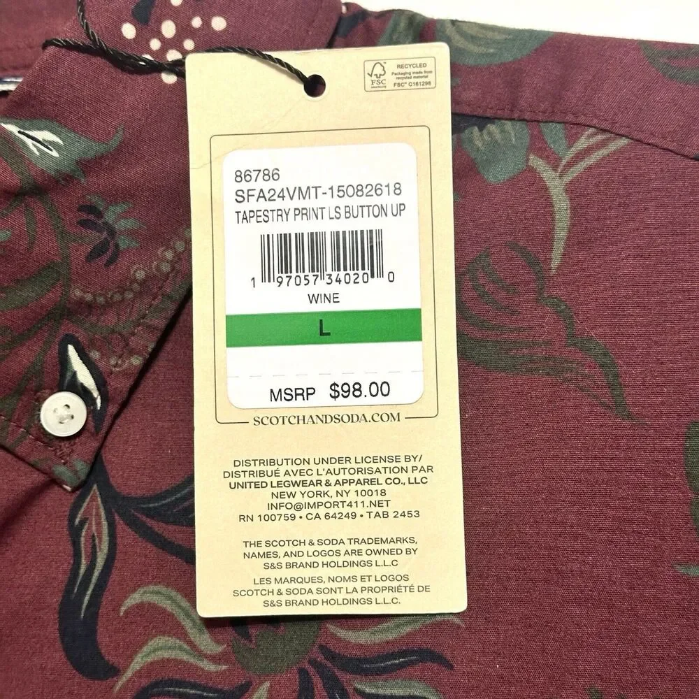 Scotch and Soda Shirt Mens Size Large Long Sleeve Button Up Wine Tapestry Print - Picture 8 of 13